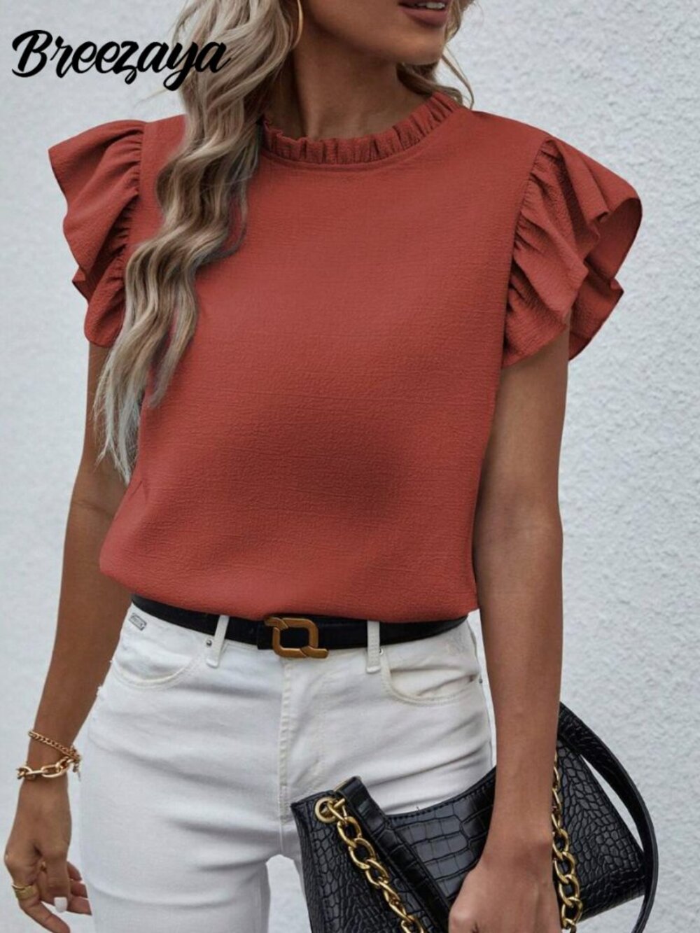 Breezaya Solid Color Ruffle Collar Elegant Fashion Summer Short Sleeve Blouse